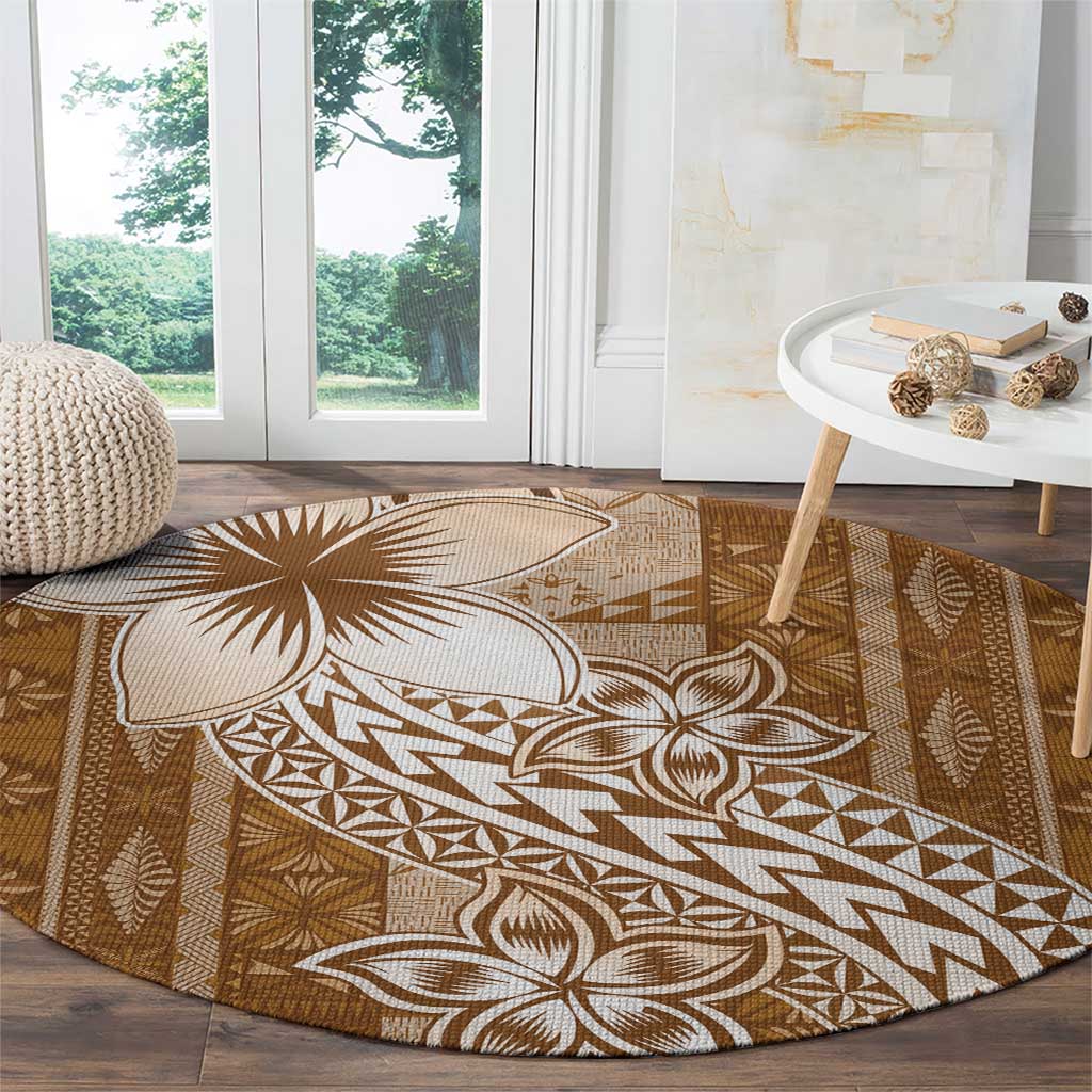 Tonga Kupesi Ngatu Round Carpet Vintage Brown Plumeria