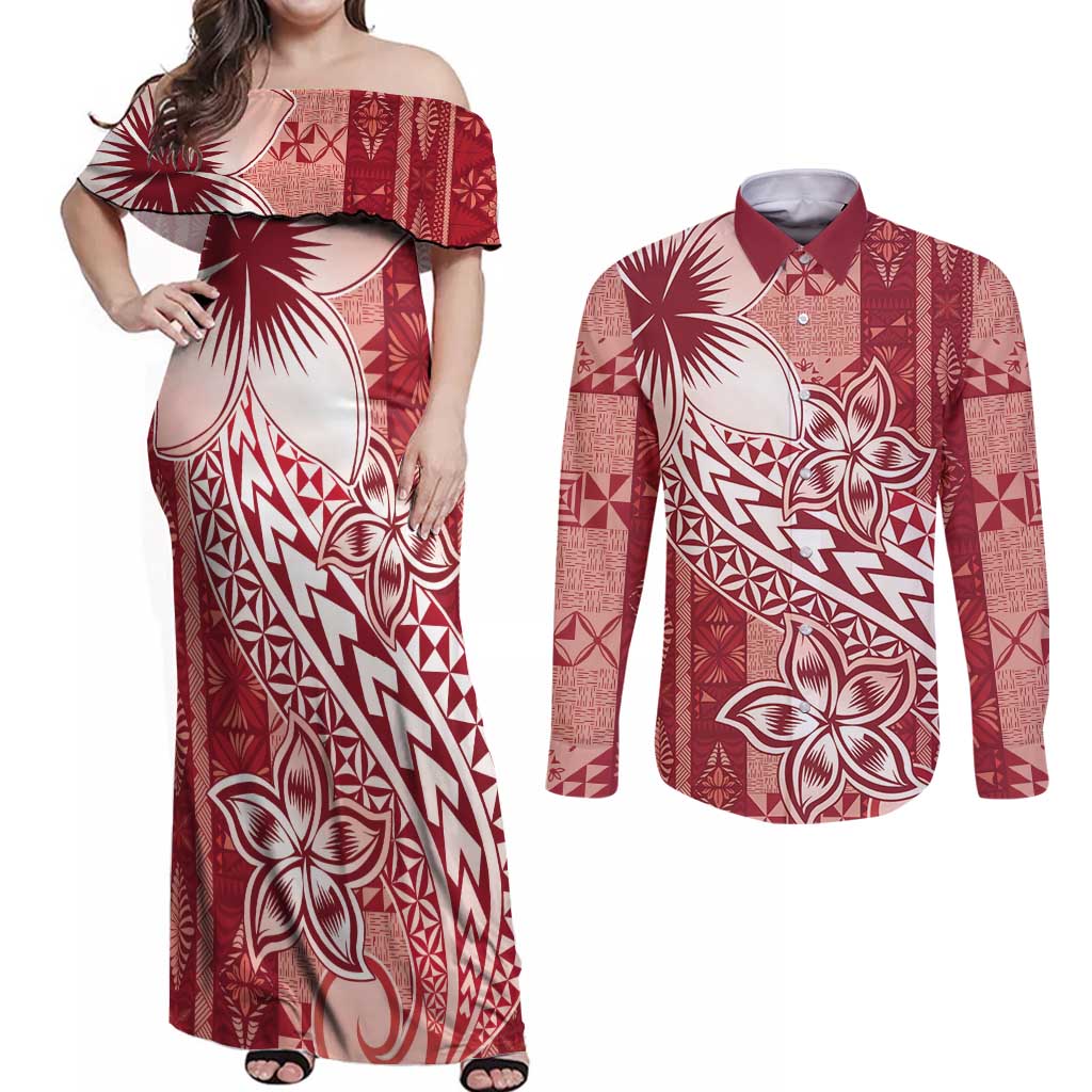 Tonga Kupesi Ngatu Couples Matching Off Shoulder Maxi Dress and Long Sleeve Button Shirt Vintage Red Plumeria