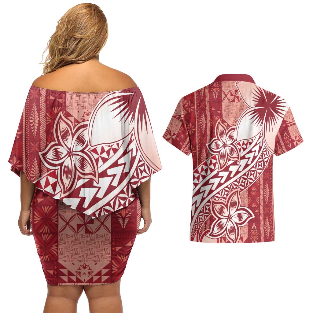 Tonga Kupesi Ngatu Couples Matching Off Shoulder Short Dress and Hawaiian Shirt Vintage Red Plumeria