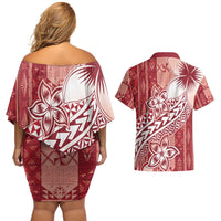 Tonga Kupesi Ngatu Couples Matching Off Shoulder Short Dress and Hawaiian Shirt Vintage Red Plumeria