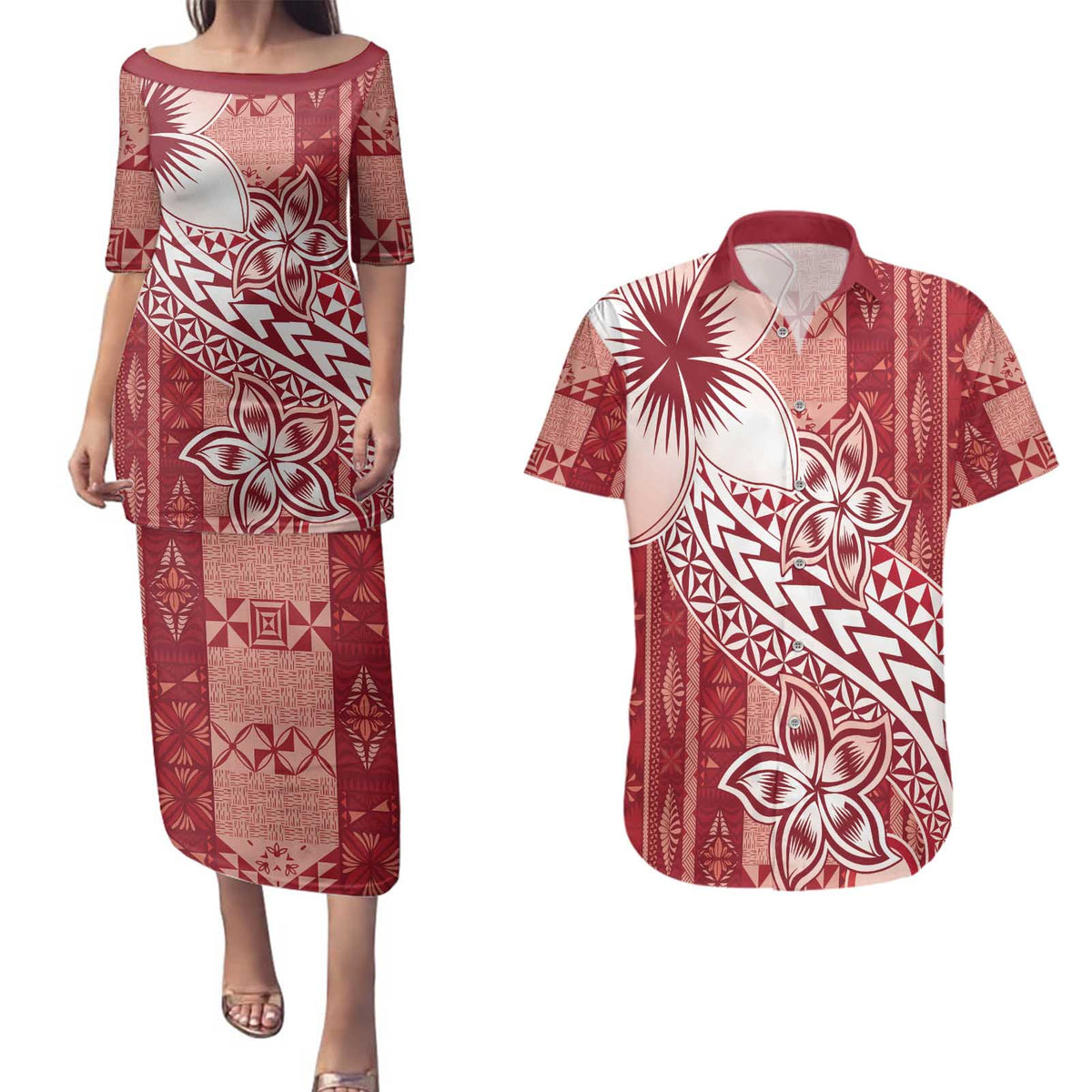 Tonga Kupesi Ngatu Couples Matching Puletasi and Hawaiian Shirt Vintage Red Plumeria