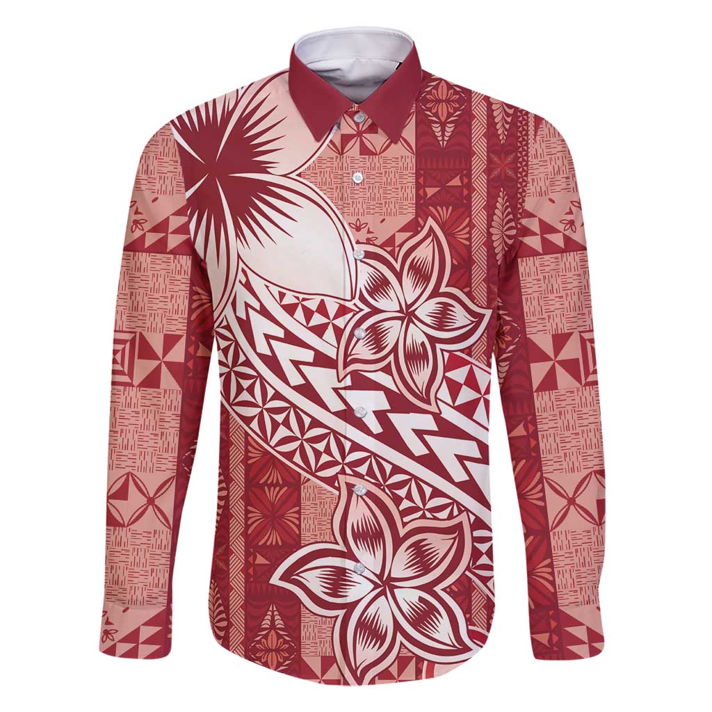Tonga Kupesi Ngatu Family Matching Long Sleeve Bodycon Dress and Hawaiian Shirt Vintage Red Plumeria