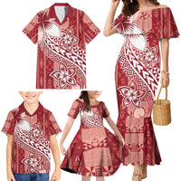 Tonga Kupesi Ngatu Family Matching Mermaid Dress and Hawaiian Shirt Vintage Red Plumeria