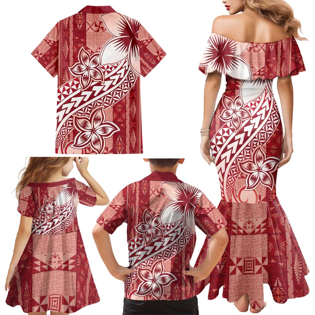 Tonga Kupesi Ngatu Family Matching Mermaid Dress and Hawaiian Shirt Vintage Red Plumeria