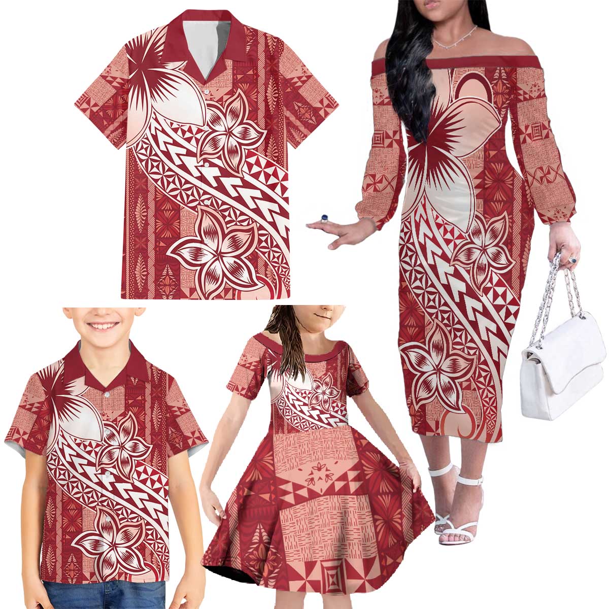 Tonga Kupesi Ngatu Family Matching Off The Shoulder Long Sleeve Dress and Hawaiian Shirt Vintage Red Plumeria