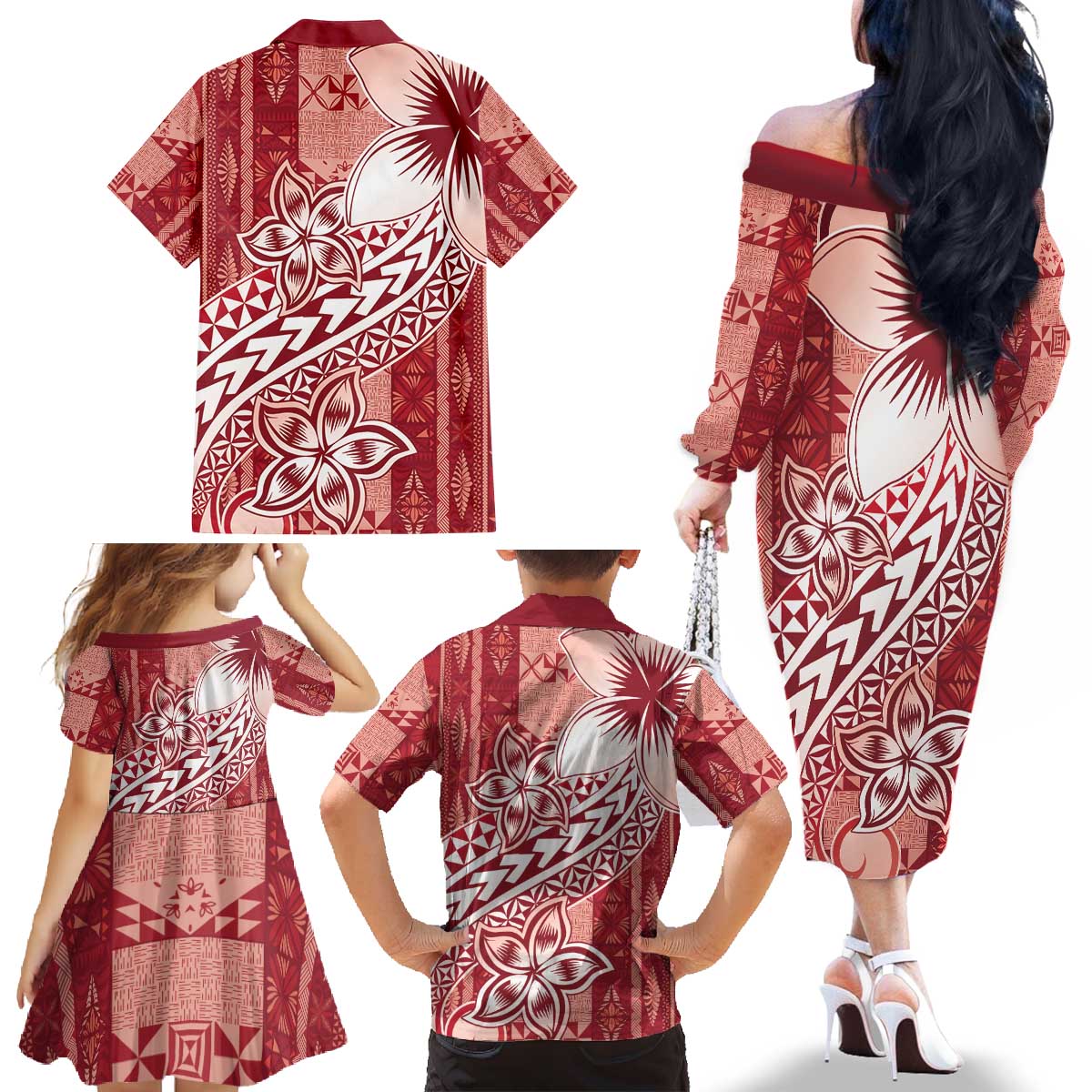 Tonga Kupesi Ngatu Family Matching Off The Shoulder Long Sleeve Dress and Hawaiian Shirt Vintage Red Plumeria