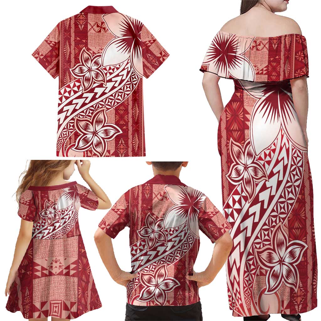 Tonga Kupesi Ngatu Family Matching Off Shoulder Maxi Dress and Hawaiian Shirt Vintage Red Plumeria