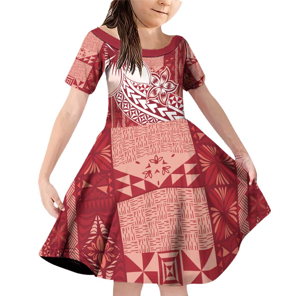 Tonga Kupesi Ngatu Family Matching Off Shoulder Short Dress and Hawaiian Shirt Vintage Red Plumeria