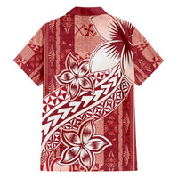 Tonga Kupesi Ngatu Family Matching Off Shoulder Short Dress and Hawaiian Shirt Vintage Red Plumeria