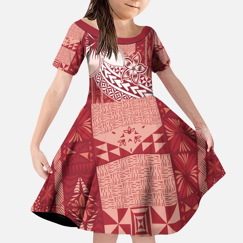 Tonga Kupesi Ngatu Family Matching Puletasi and Hawaiian Shirt Vintage Red Plumeria
