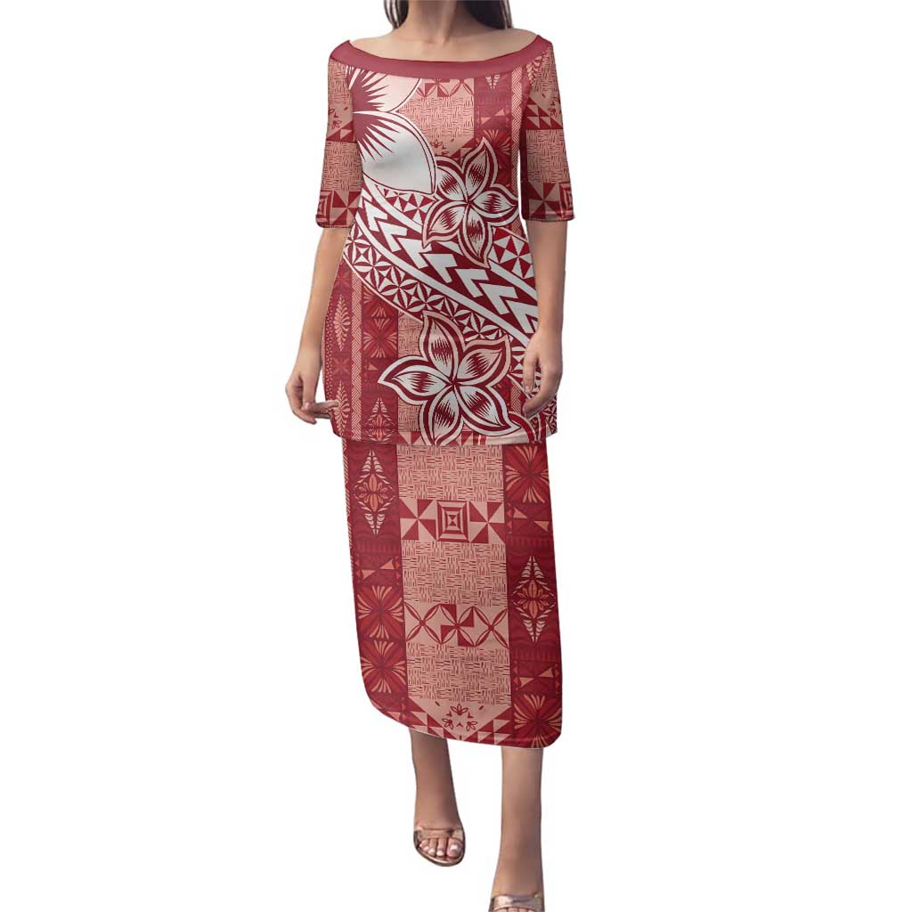 Tonga Kupesi Ngatu Family Matching Puletasi and Hawaiian Shirt Vintage Red Plumeria