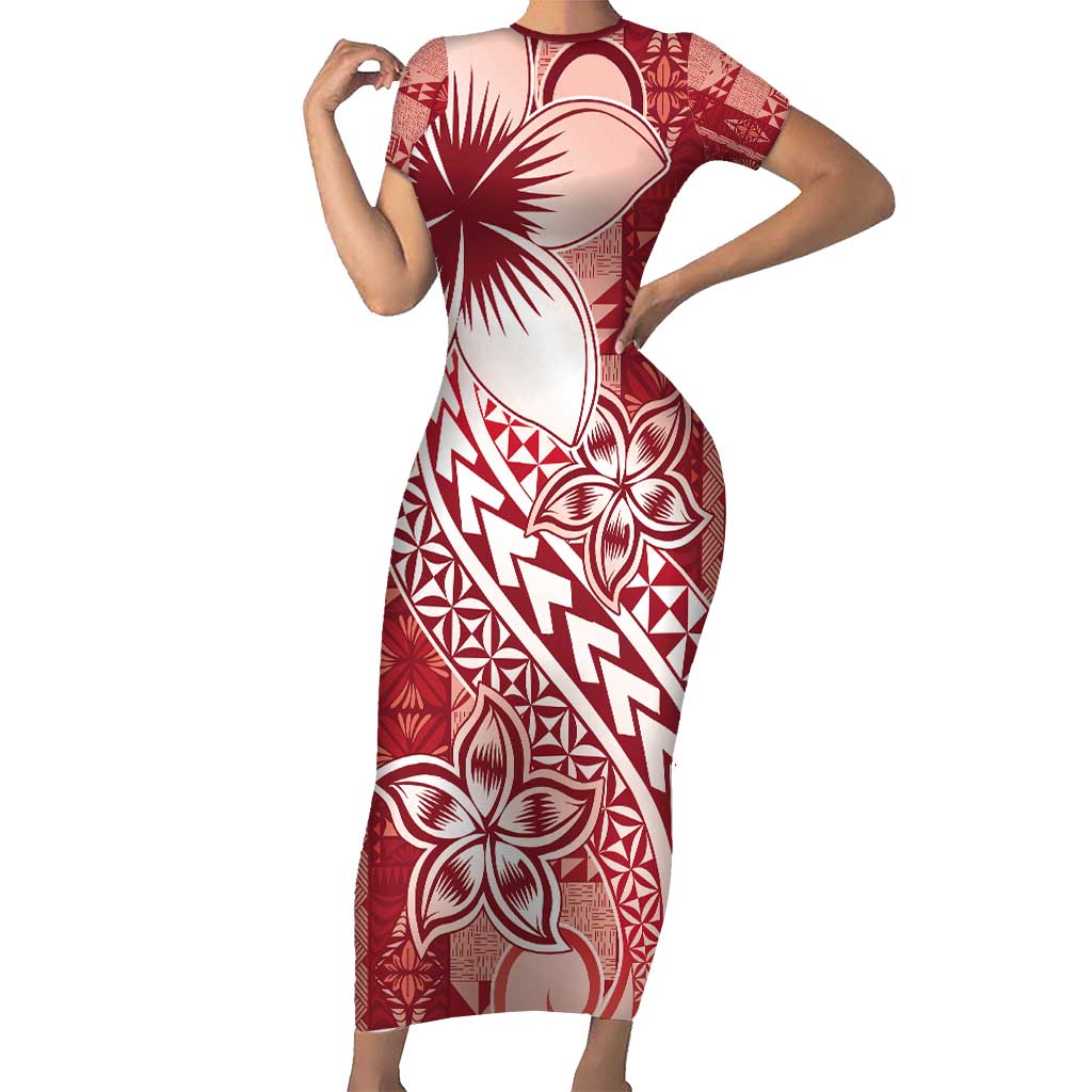 Tonga Kupesi Ngatu Family Matching Short Sleeve Bodycon Dress and Hawaiian Shirt Vintage Red Plumeria