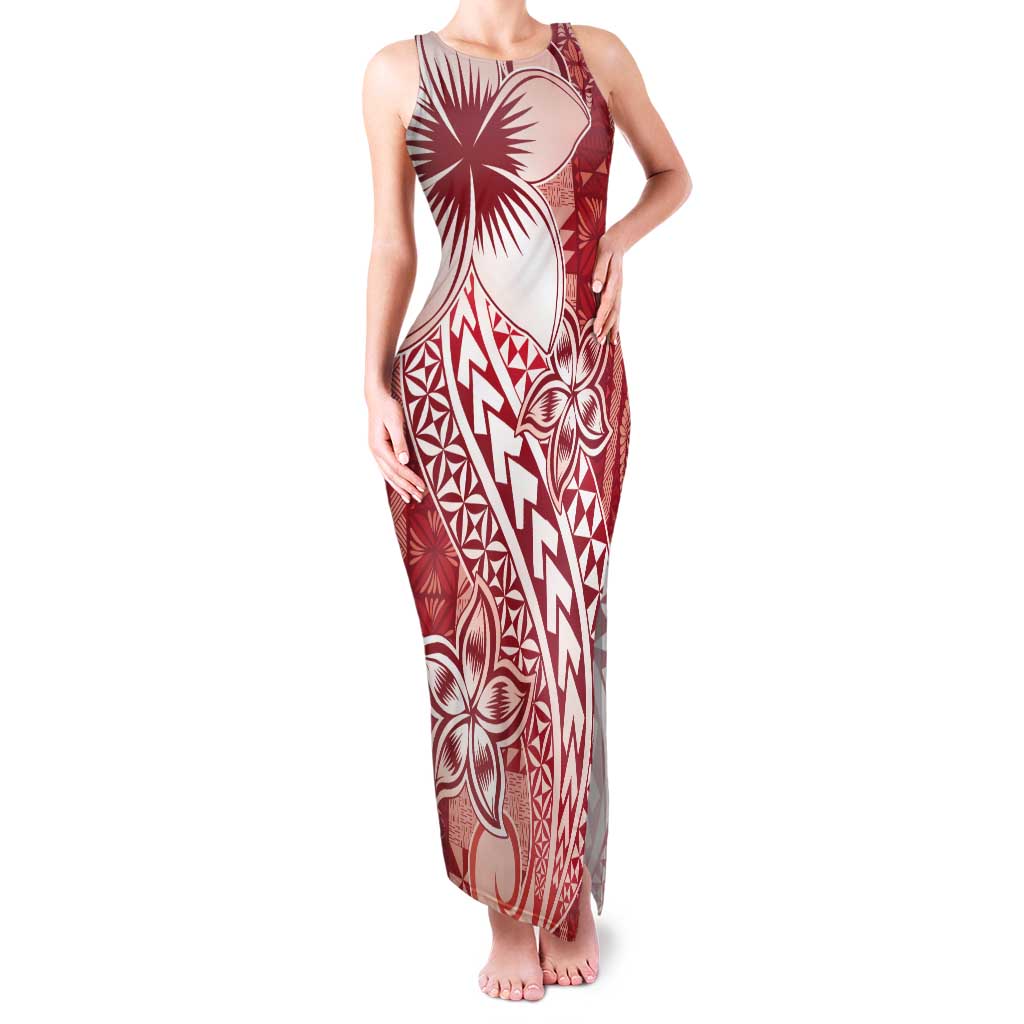 Tonga Kupesi Ngatu Family Matching Tank Maxi Dress and Hawaiian Shirt Vintage Red Plumeria