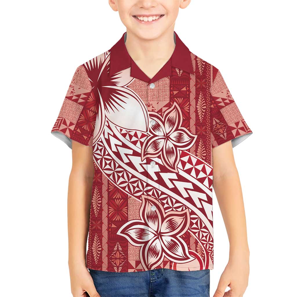 Tonga Kupesi Ngatu Family Matching Tank Maxi Dress and Hawaiian Shirt Vintage Red Plumeria