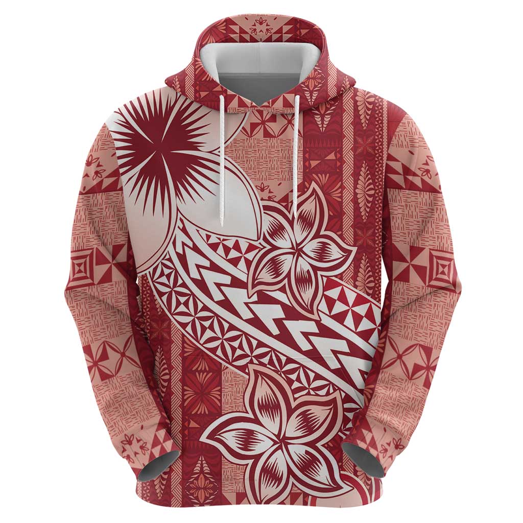 Tonga Kupesi Ngatu Hoodie Vintage Red Plumeria