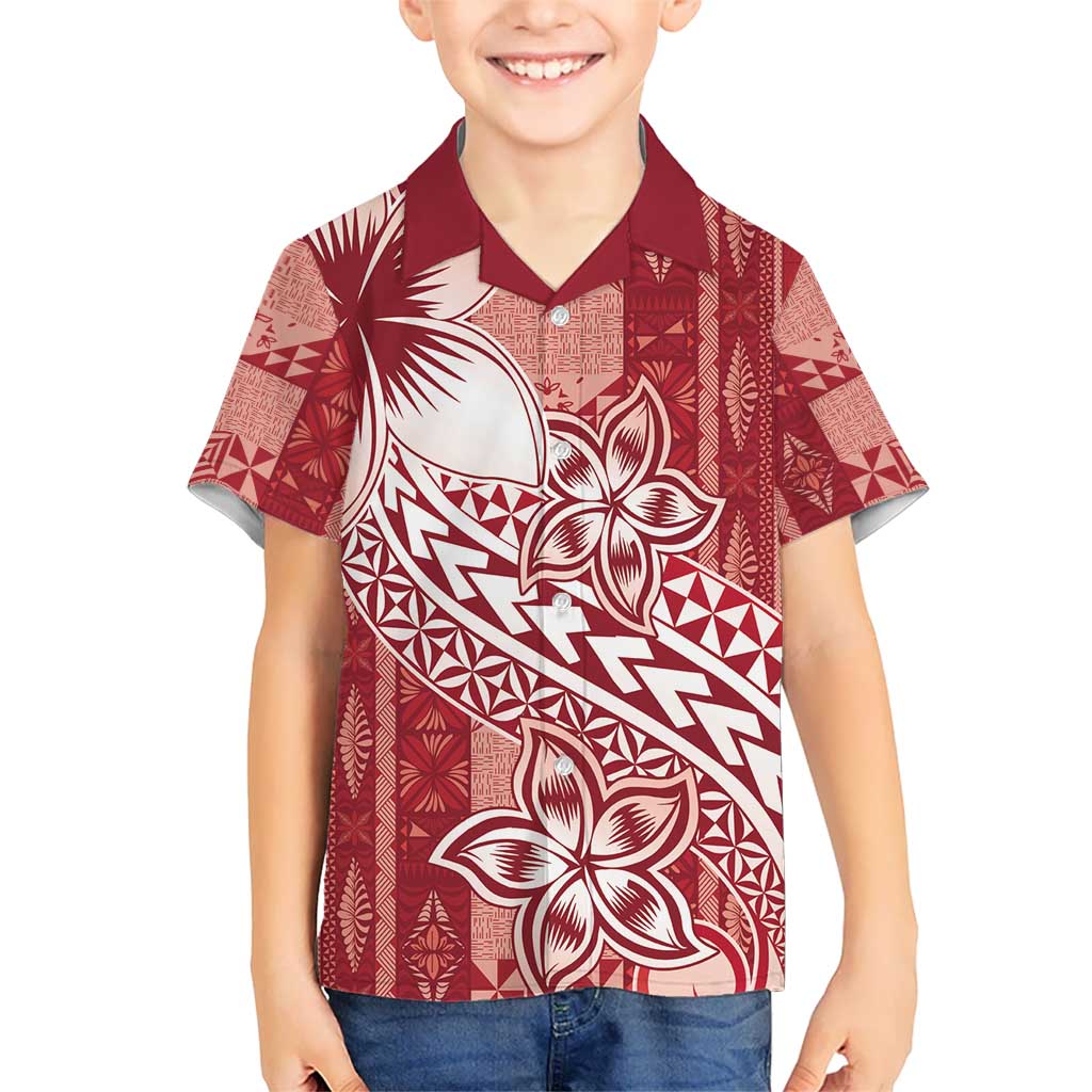 Tonga Kupesi Ngatu Kid Hawaiian Shirt Vintage Red Plumeria LT05 Kid Red - Polynesian Pride