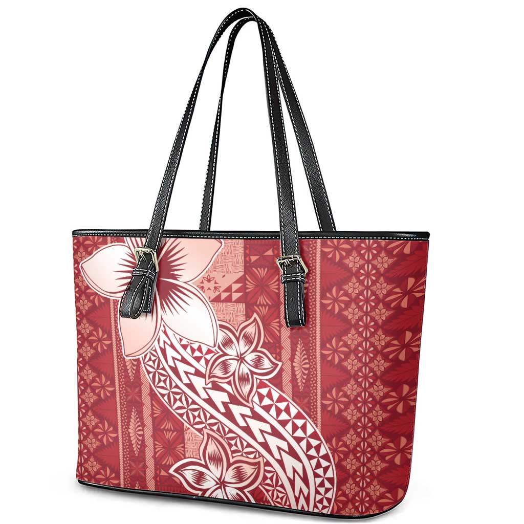 Tonga Kupesi Ngatu Leather Tote Bag Vintage Red Plumeria