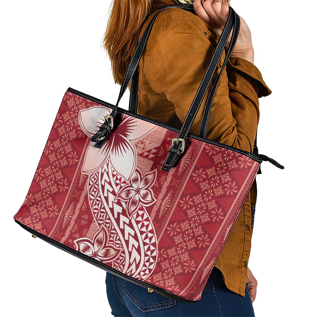 Tonga Kupesi Ngatu Leather Tote Bag Vintage Red Plumeria