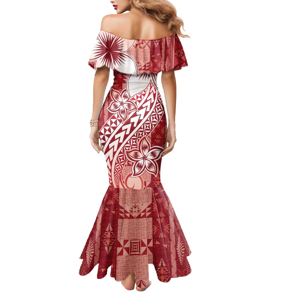 Tonga Kupesi Ngatu Mermaid Dress Vintage Red Plumeria