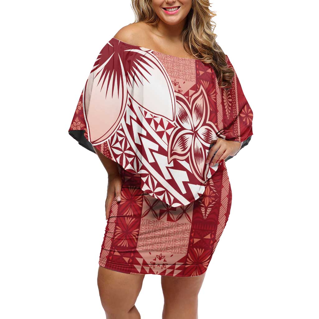 Tonga Kupesi Ngatu Off Shoulder Short Dress Vintage Red Plumeria