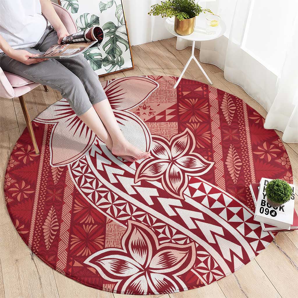 Tonga Kupesi Ngatu Round Carpet Vintage Red Plumeria