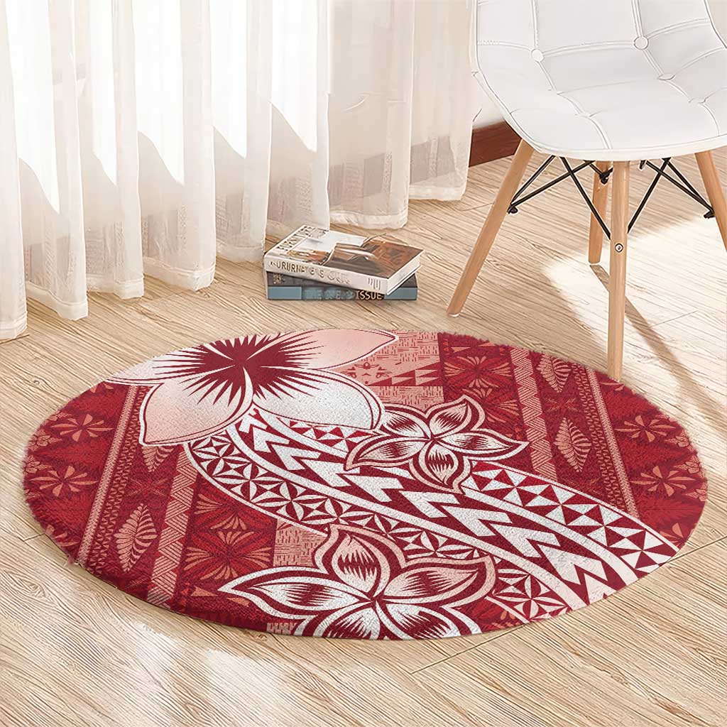 Tonga Kupesi Ngatu Round Carpet Vintage Red Plumeria