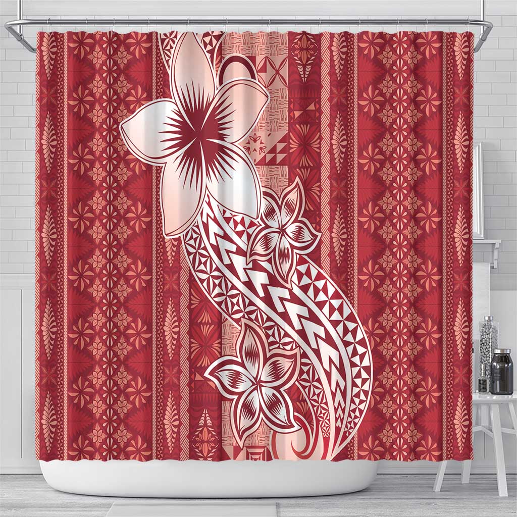 Tonga Kupesi Ngatu Shower Curtain Vintage Red Plumeria