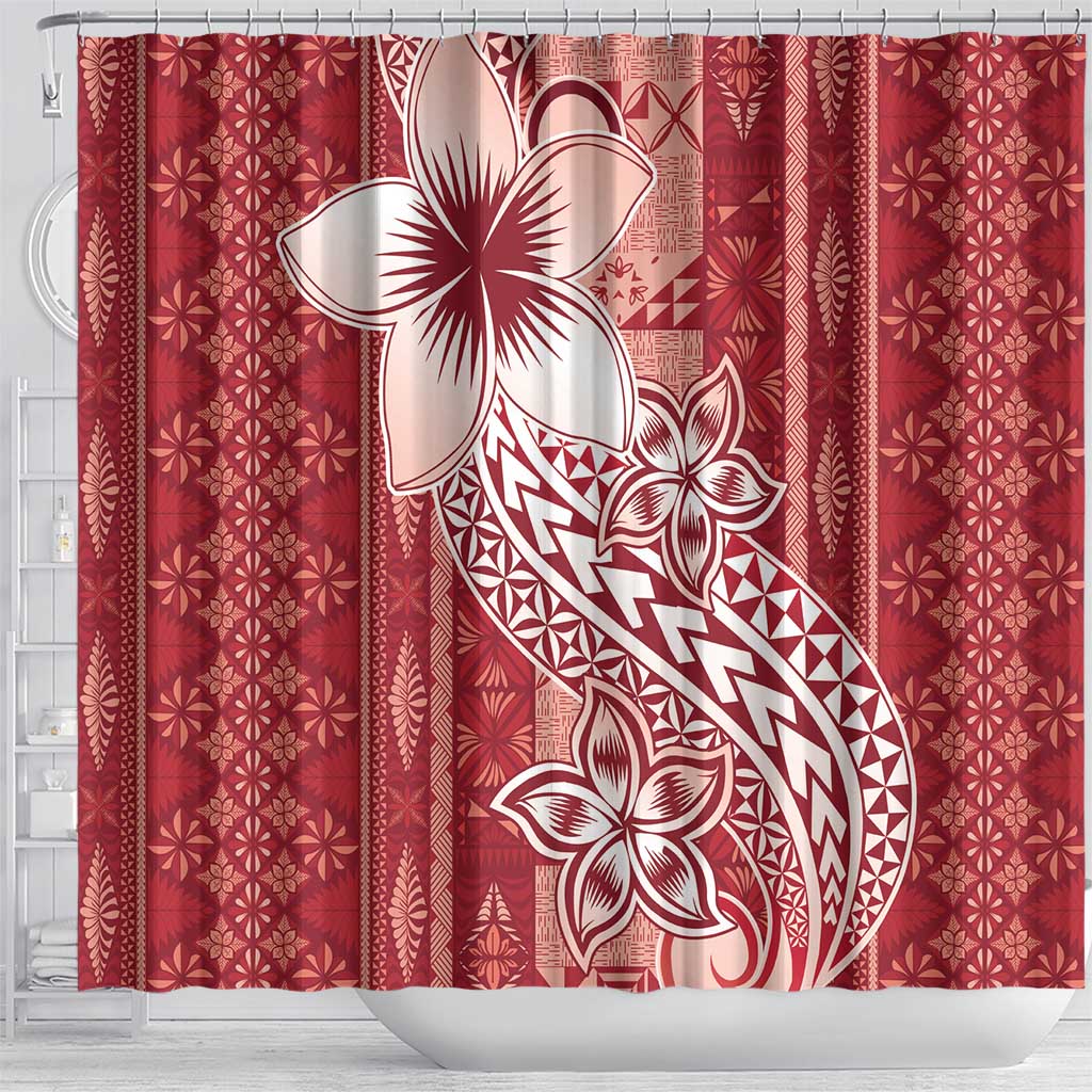 Tonga Kupesi Ngatu Shower Curtain Vintage Red Plumeria