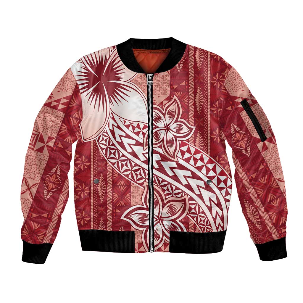 Tonga Kupesi Ngatu Sleeve Zip Bomber Jacket Vintage Red Plumeria