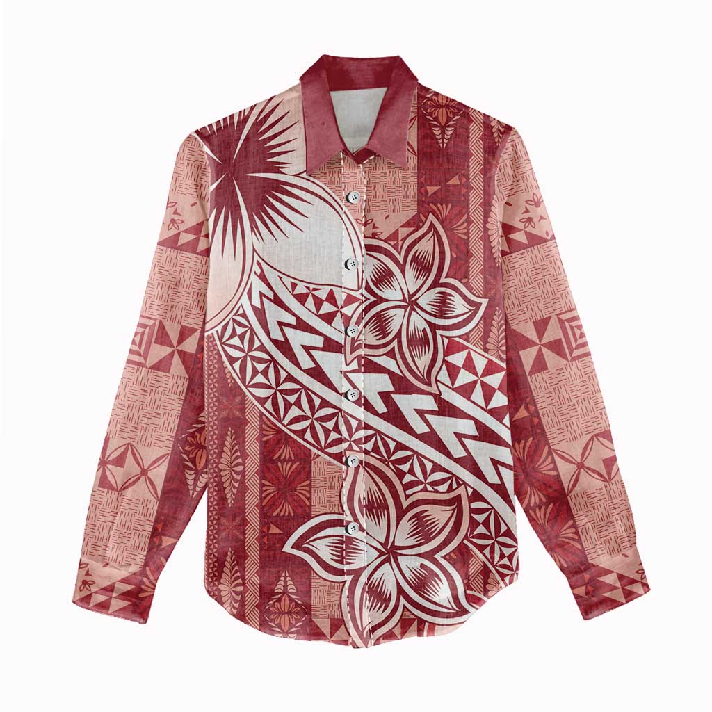 Tonga Kupesi Ngatu Women Casual Shirt Vintage Red Plumeria