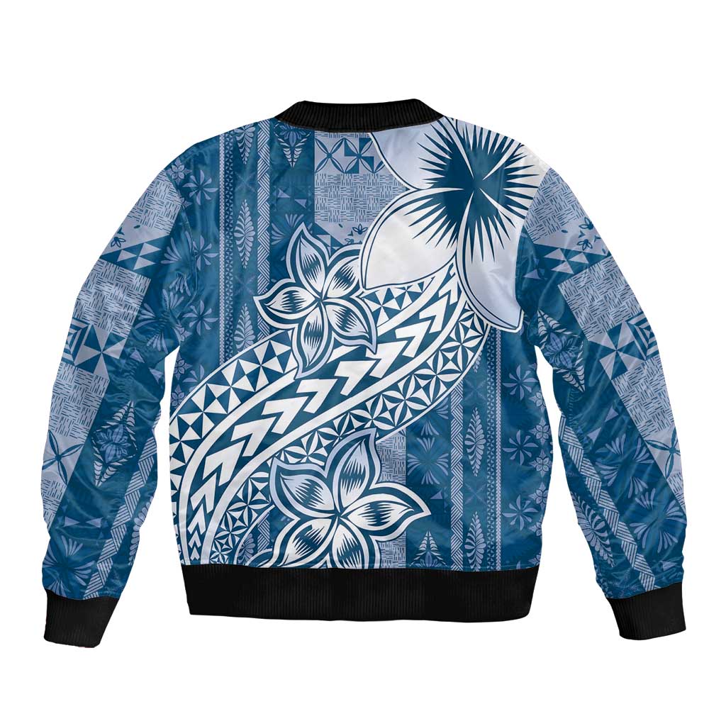 Tonga Kupesi Ngatu Bomber Jacket Vintage Blue Plumeria