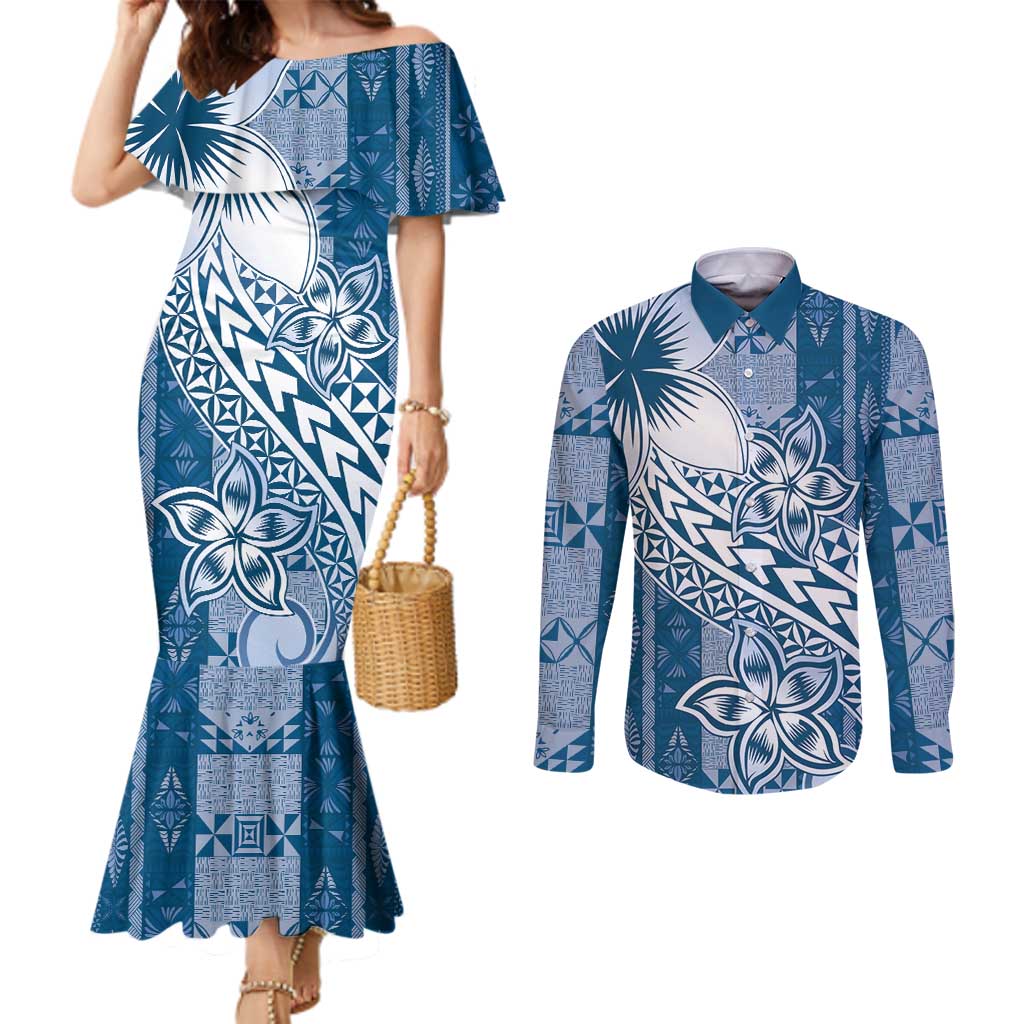 Tonga Kupesi Ngatu Couples Matching Mermaid Dress and Long Sleeve Button Shirt Vintage Blue Plumeria