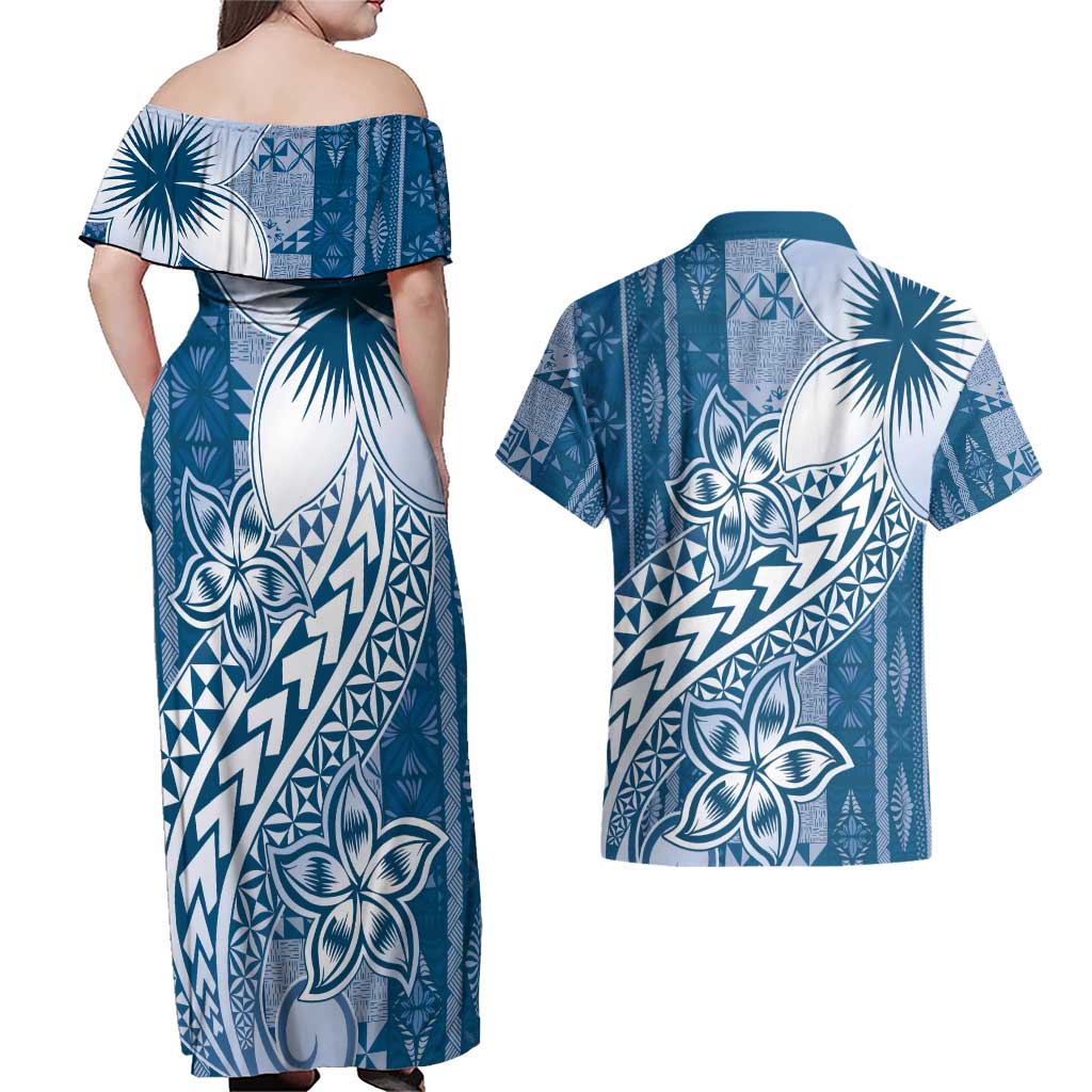 Tonga Kupesi Ngatu Couples Matching Off Shoulder Maxi Dress and Hawaiian Shirt Vintage Blue Plumeria