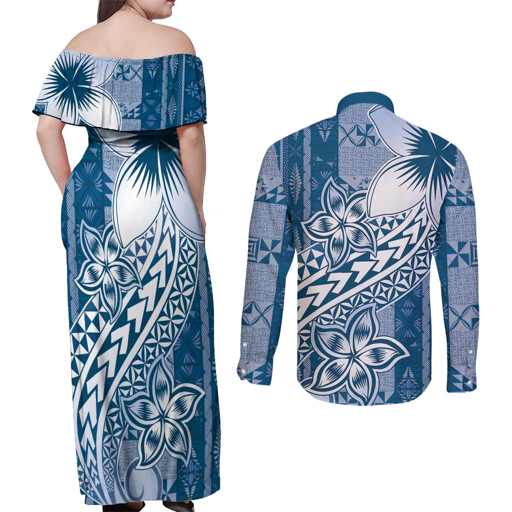 Tonga Kupesi Ngatu Couples Matching Off Shoulder Maxi Dress and Long Sleeve Button Shirt Vintage Blue Plumeria