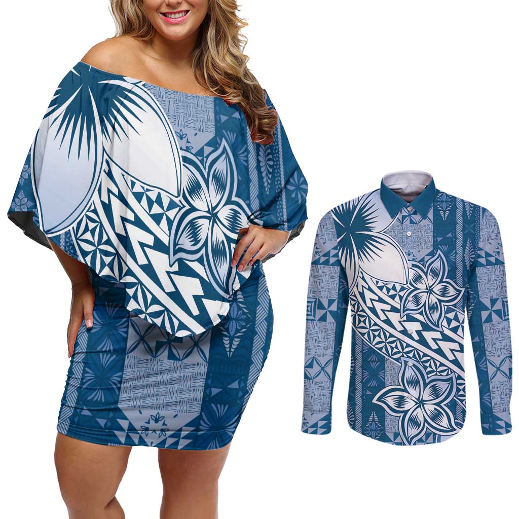 Tonga Kupesi Ngatu Couples Matching Off Shoulder Short Dress and Long Sleeve Button Shirt Vintage Blue Plumeria