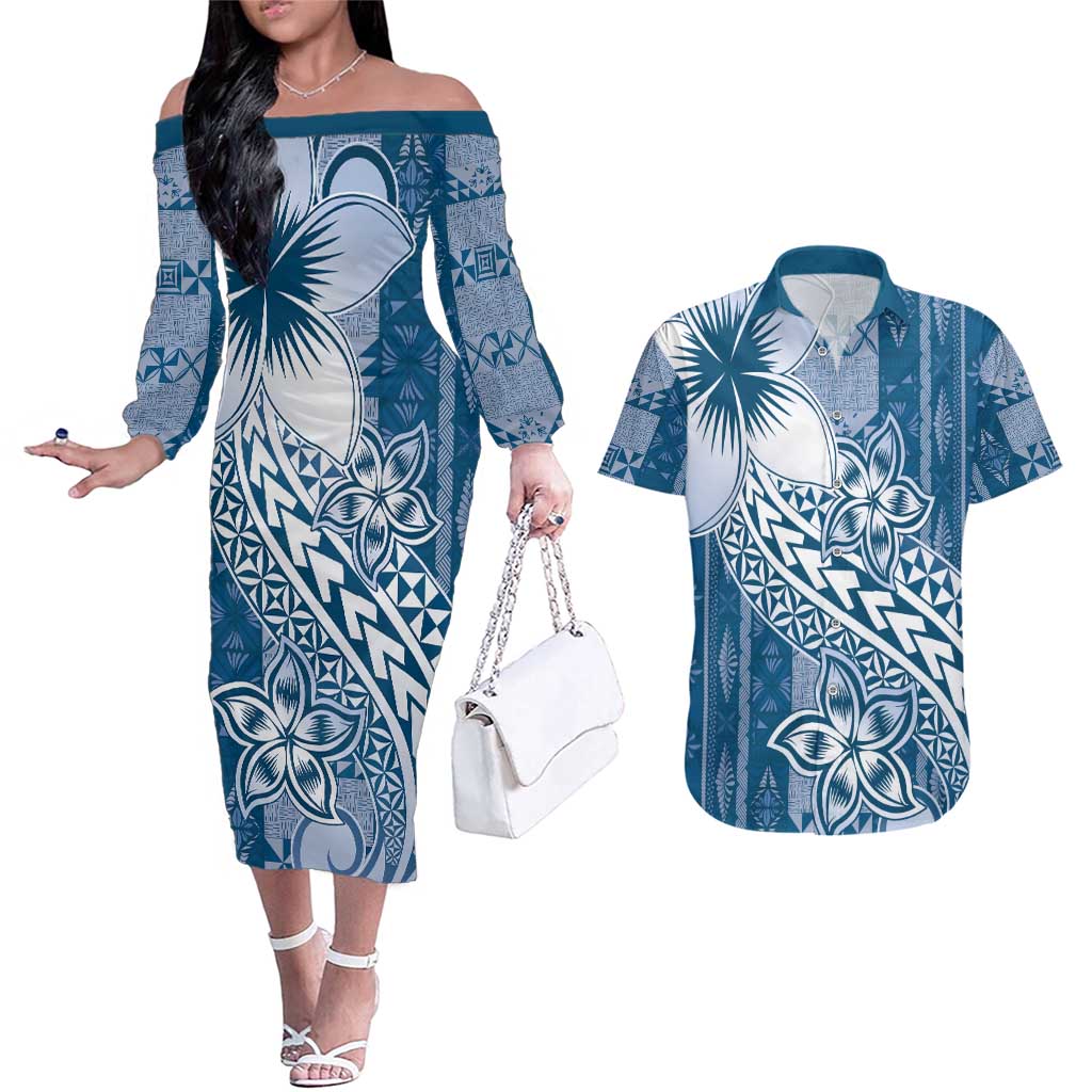 Tonga Kupesi Ngatu Couples Matching Off The Shoulder Long Sleeve Dress and Hawaiian Shirt Vintage Blue Plumeria