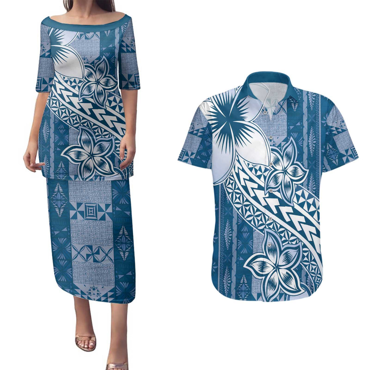 Tonga Kupesi Ngatu Couples Matching Puletasi and Hawaiian Shirt Vintage Blue Plumeria