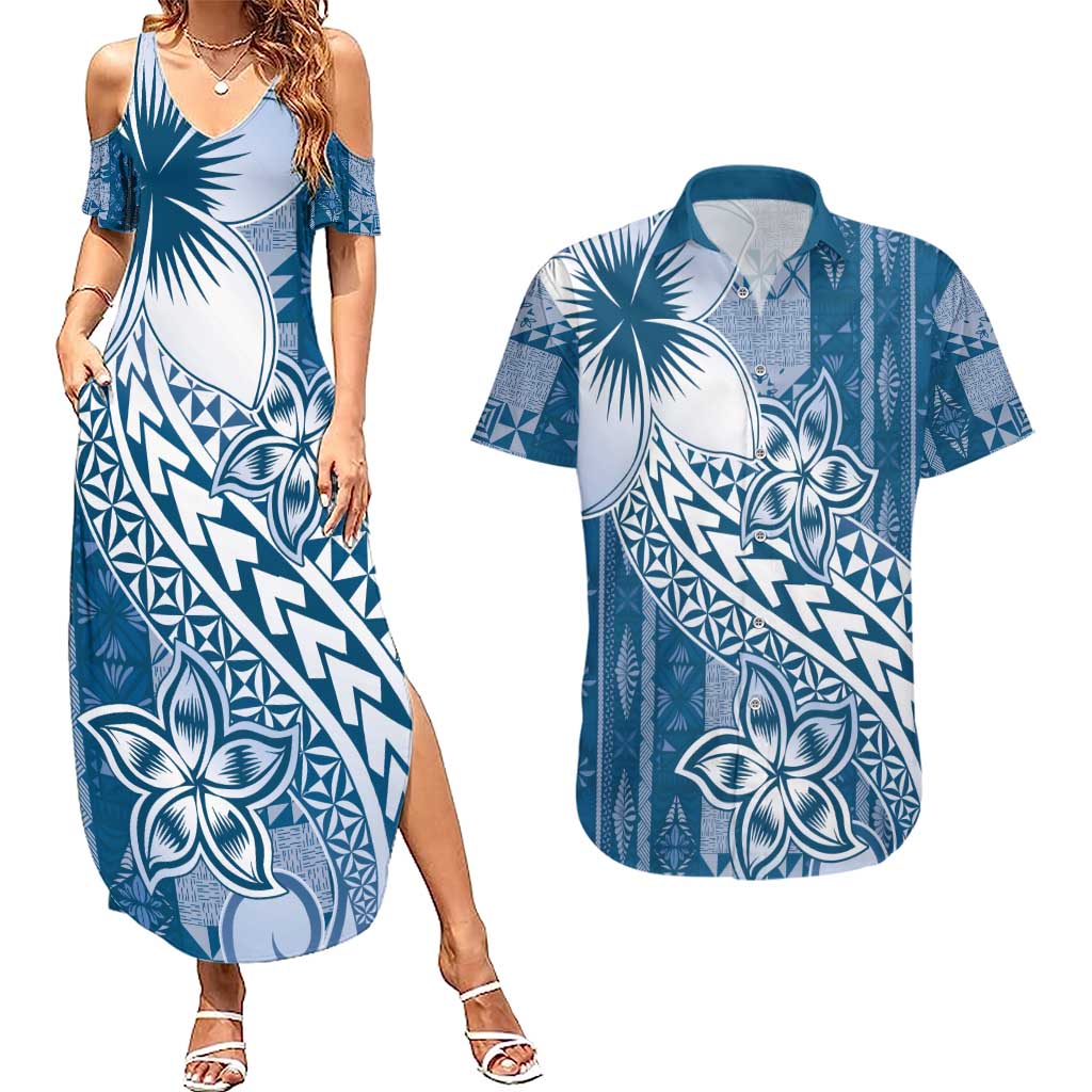 Tonga Kupesi Ngatu Couples Matching Summer Maxi Dress and Hawaiian Shirt Vintage Blue Plumeria LT05 Blue - Polynesian Pride