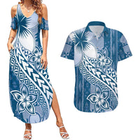 Tonga Kupesi Ngatu Couples Matching Summer Maxi Dress and Hawaiian Shirt Vintage Blue Plumeria LT05 Blue - Polynesian Pride