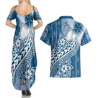 Tonga Kupesi Ngatu Couples Matching Summer Maxi Dress and Hawaiian Shirt Vintage Blue Plumeria LT05 - Polynesian Pride