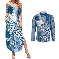 Tonga Kupesi Ngatu Couples Matching Summer Maxi Dress and Long Sleeve Button Shirt Vintage Blue Plumeria