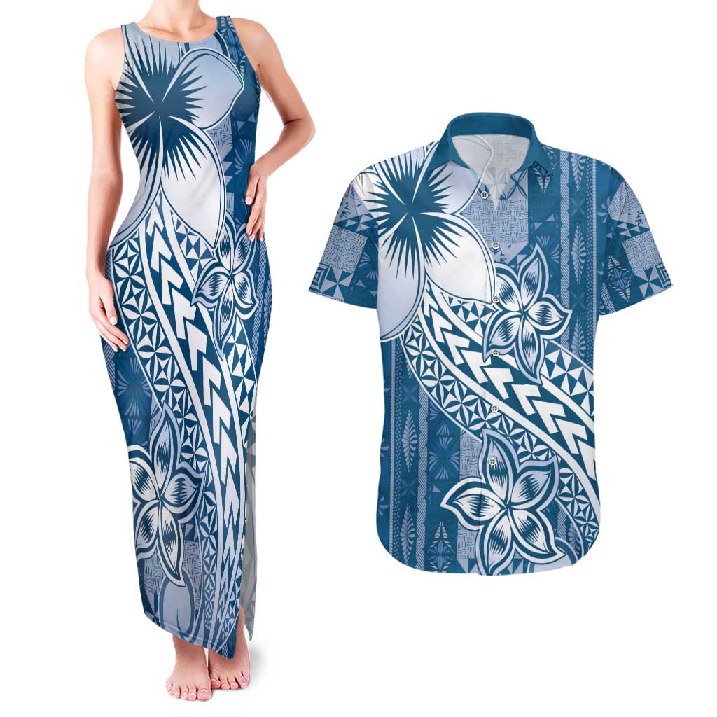 Tonga Kupesi Ngatu Couples Matching Tank Maxi Dress and Hawaiian Shirt Vintage Blue Plumeria LT05 Blue - Polynesian Pride