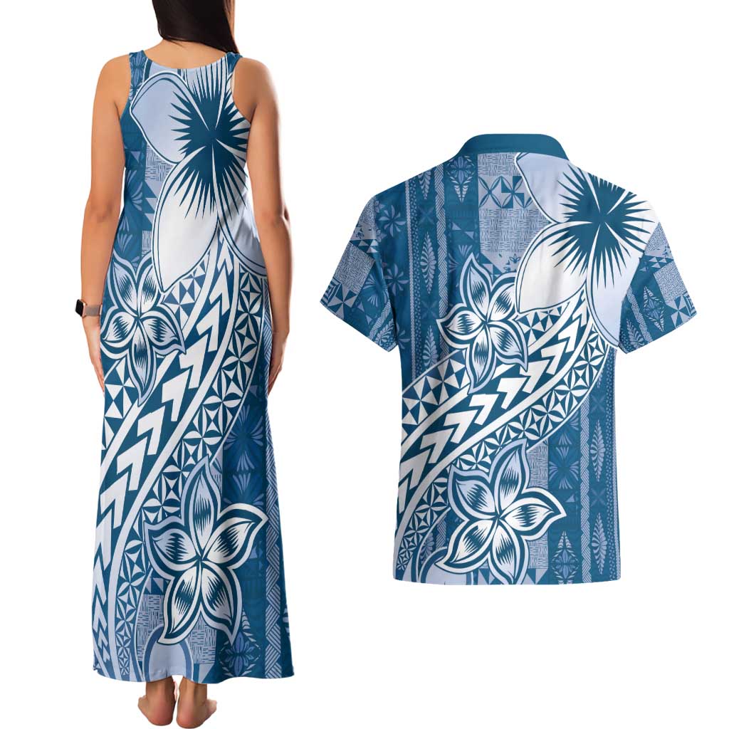 Tonga Kupesi Ngatu Couples Matching Tank Maxi Dress and Hawaiian Shirt Vintage Blue Plumeria LT05 - Polynesian Pride