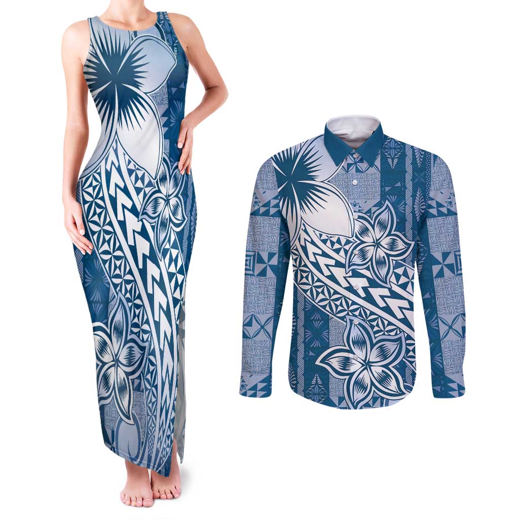 Tonga Kupesi Ngatu Couples Matching Tank Maxi Dress and Long Sleeve Button Shirt Vintage Blue Plumeria