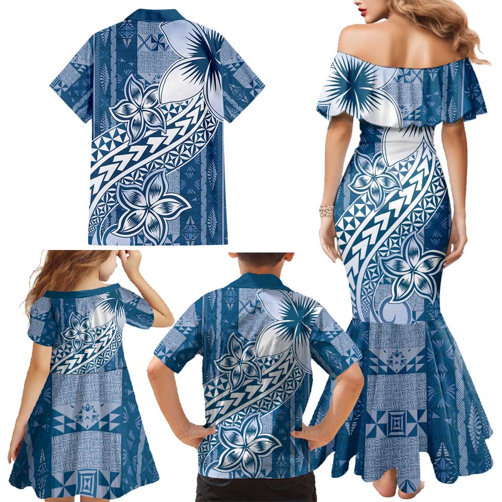 Tonga Kupesi Ngatu Family Matching Mermaid Dress and Hawaiian Shirt Vintage Blue Plumeria