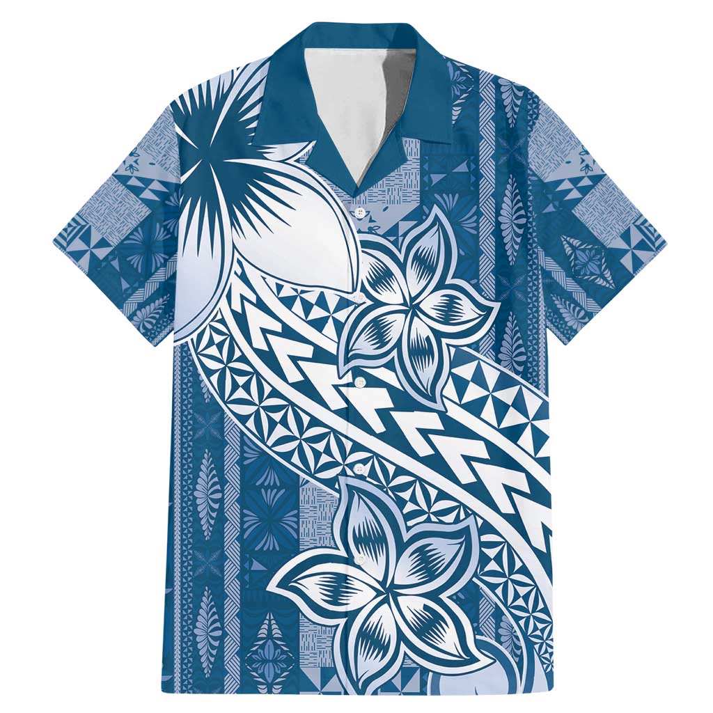 Tonga Kupesi Ngatu Family Matching Mermaid Dress and Hawaiian Shirt Vintage Blue Plumeria