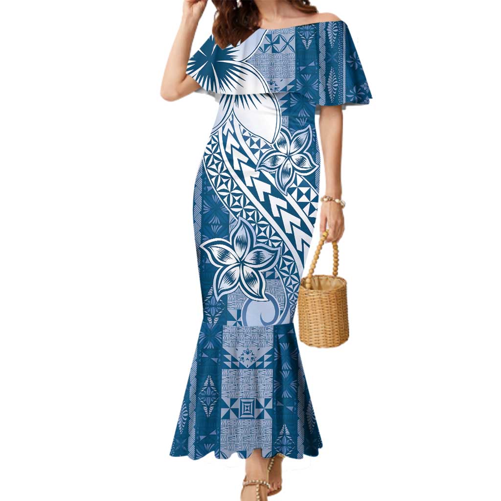 Tonga Kupesi Ngatu Family Matching Mermaid Dress and Hawaiian Shirt Vintage Blue Plumeria