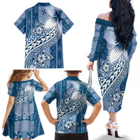 Tonga Kupesi Ngatu Family Matching Off The Shoulder Long Sleeve Dress and Hawaiian Shirt Vintage Blue Plumeria