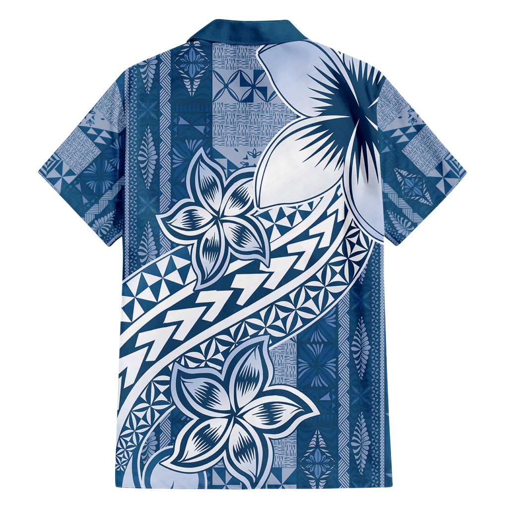 Tonga Kupesi Ngatu Family Matching Off Shoulder Short Dress and Hawaiian Shirt Vintage Blue Plumeria