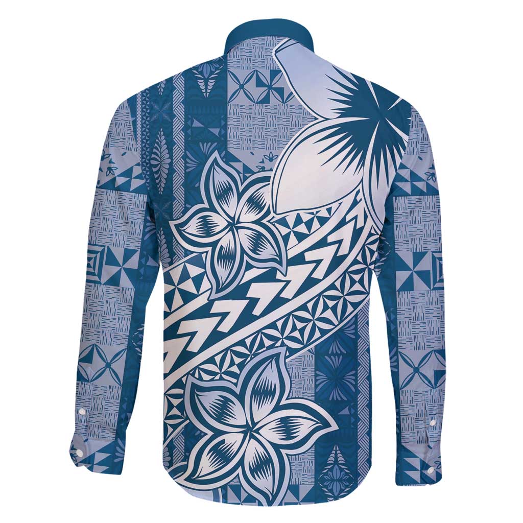 Tonga Kupesi Ngatu Family Matching Off Shoulder Short Dress and Hawaiian Shirt Vintage Blue Plumeria